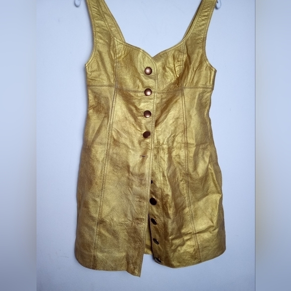 NWT Free People Gold Metallic 100% Leather Button Front Mini Dress size 8 - Picture 5 of 10